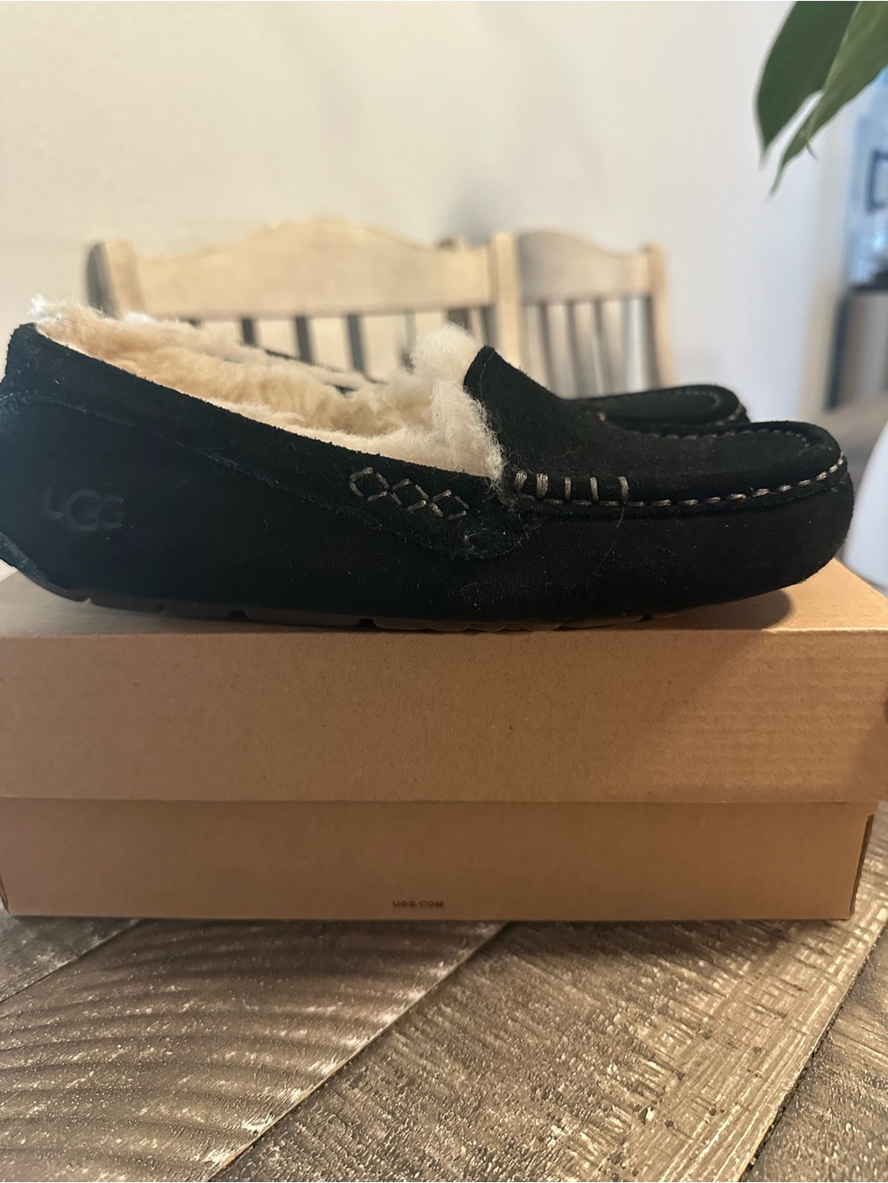 UGG Kids Black Suede Shearling Moccasin Slipper